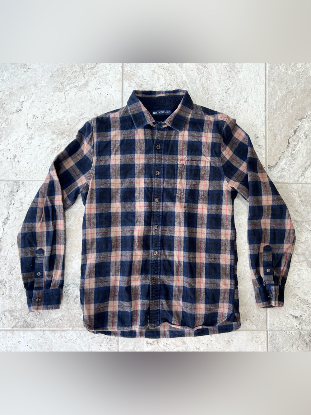 Nifty Genius Plaid Button-Up Long Sleeve Cotton Flannel Shirt Blue Tan, Medium